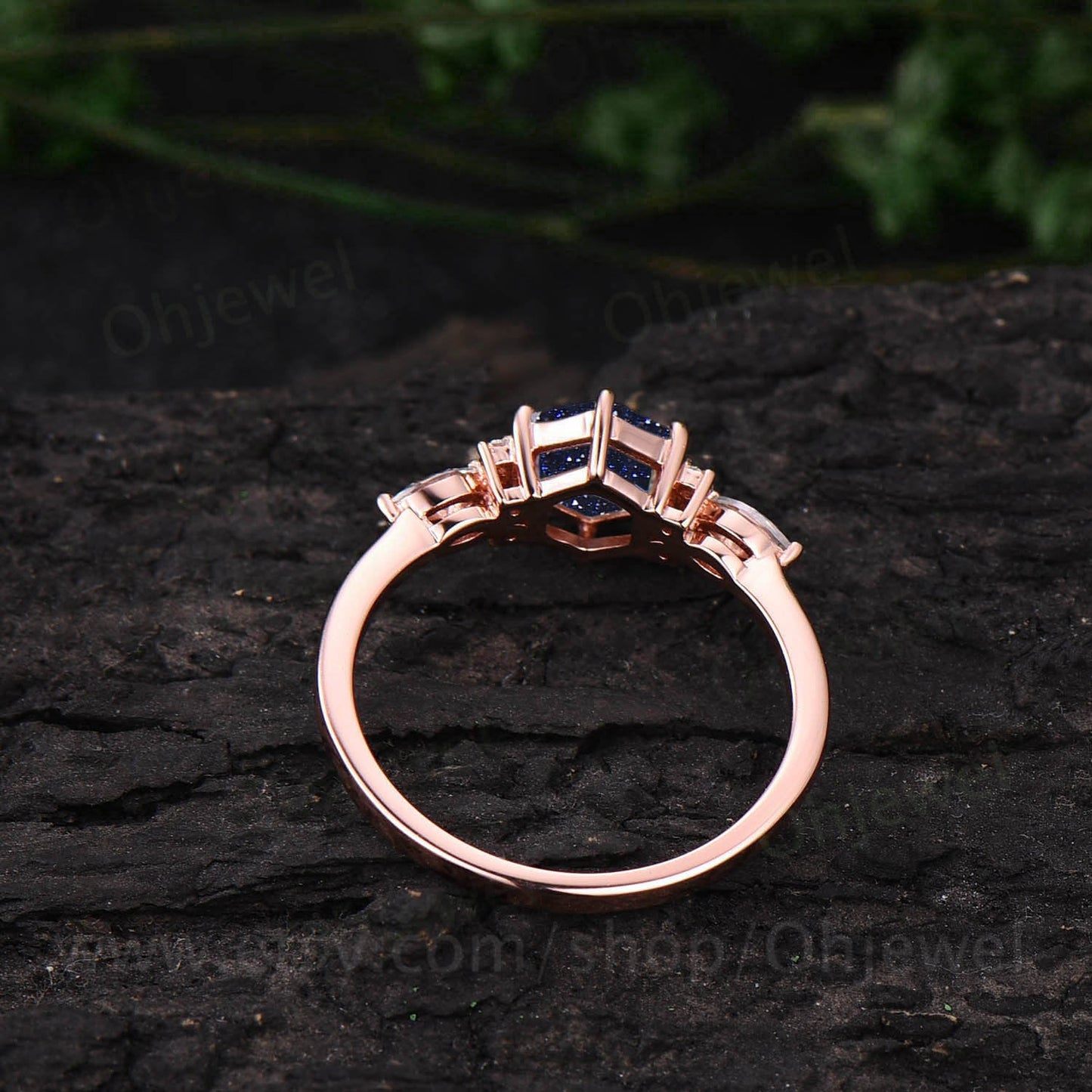 Vintage hexagon blue sandstone engagement ring art deco 14k rose gold silver 7 stone moissanite ring for women wedding anniversary ring gift