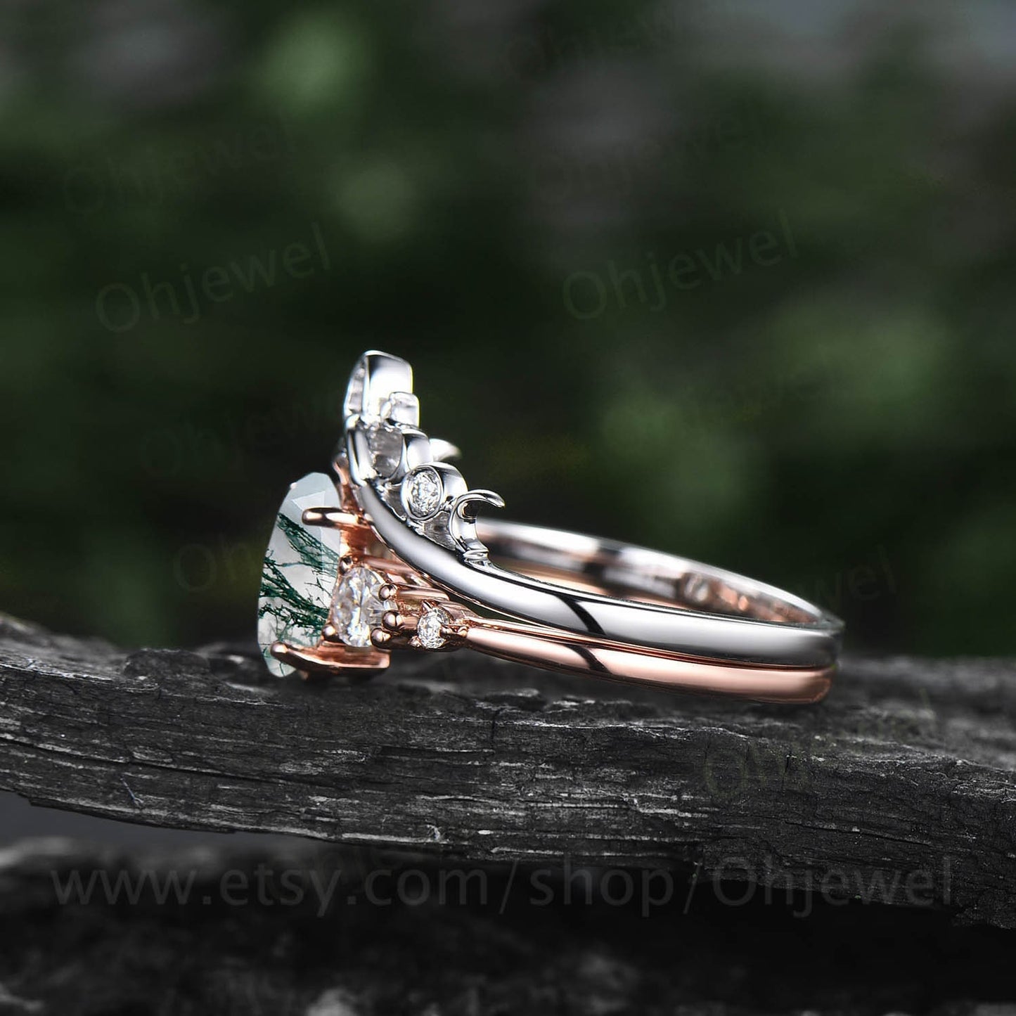 Oval green moss agate engagement ring set five stone rose gold silver vintage unique engagement ring Minimalist moissanite ring set women