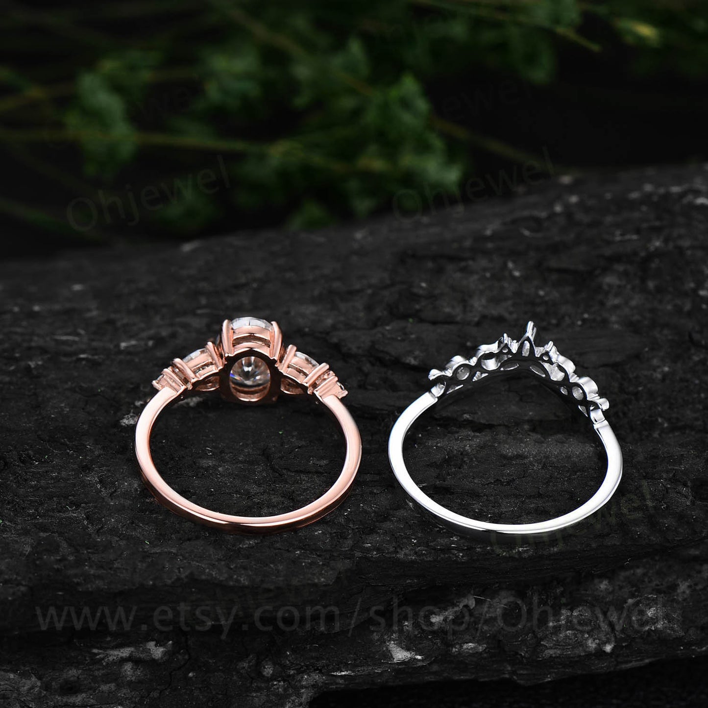 Oval green moss agate engagement ring set five stone rose gold silver vintage unique engagement ring Minimalist moissanite ring set women