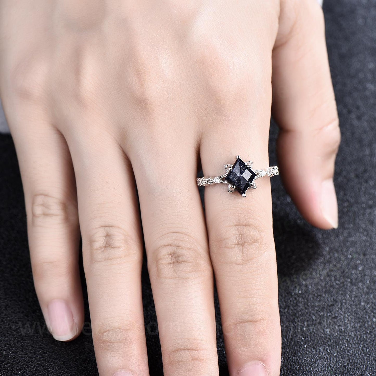 Unique kite shaped blue sandstone engagement ring set 14k white gold silver vintge moissanite ring antique leaf flower opal ring for women