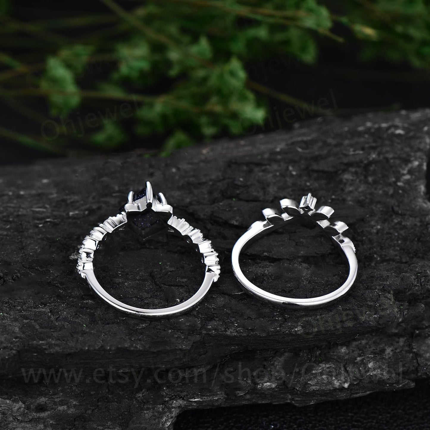 Unique kite shaped blue sandstone engagement ring set 14k white gold silver vintge moissanite ring antique leaf flower opal ring for women