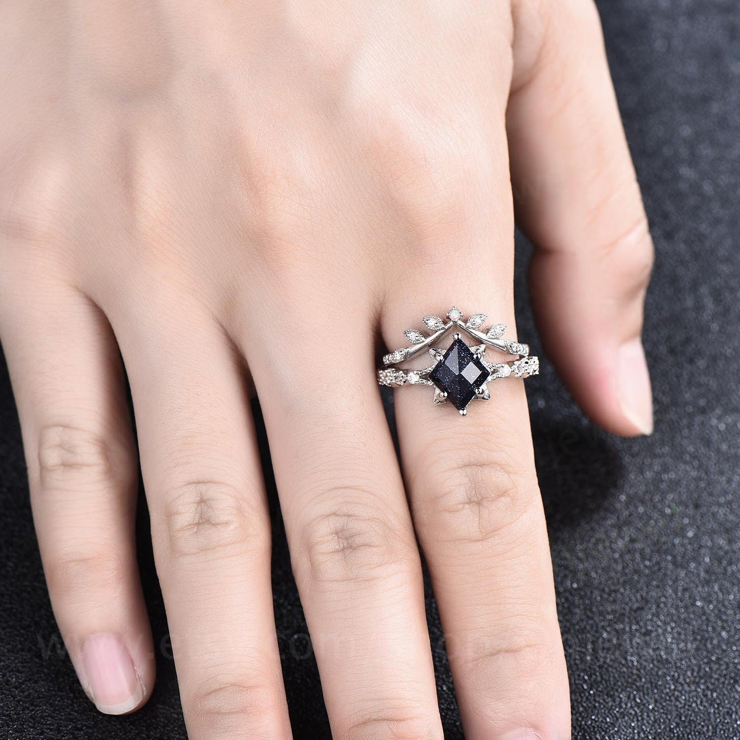 Unique kite shaped blue sandstone engagement ring set 14k white gold silver vintge moissanite ring antique leaf flower opal ring for women