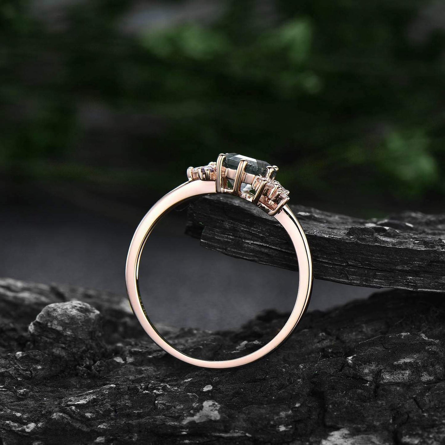 Hexagon cut moss agate ring gold silver vintage unique engagement ring cluster Alexandrite ring art deco moissanite promise ring for women