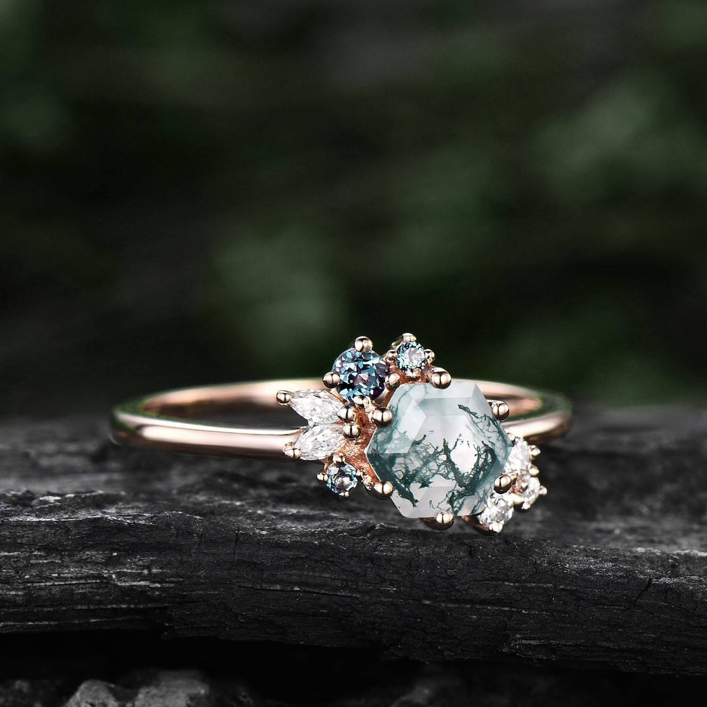 Hexagon cut moss agate ring gold silver vintage unique engagement ring cluster Alexandrite ring art deco moissanite promise ring for women