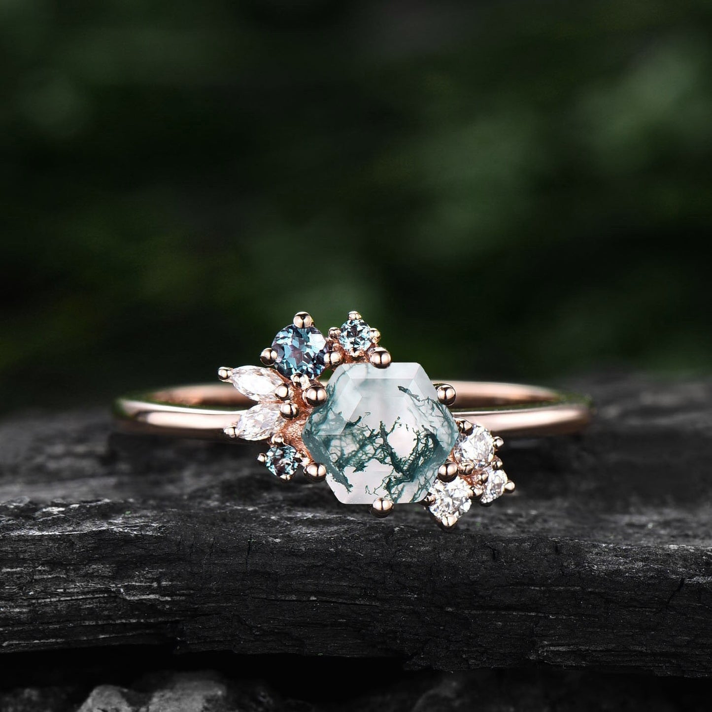 Vintage hexagon cut green moss agate engagement ring set rose gold art deco cluster moissanite ring set bridal wedding ring set women gifts