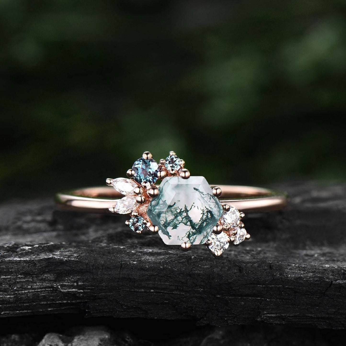 Hexagon cut moss agate ring gold silver vintage unique engagement ring cluster Alexandrite ring art deco moissanite promise ring for women