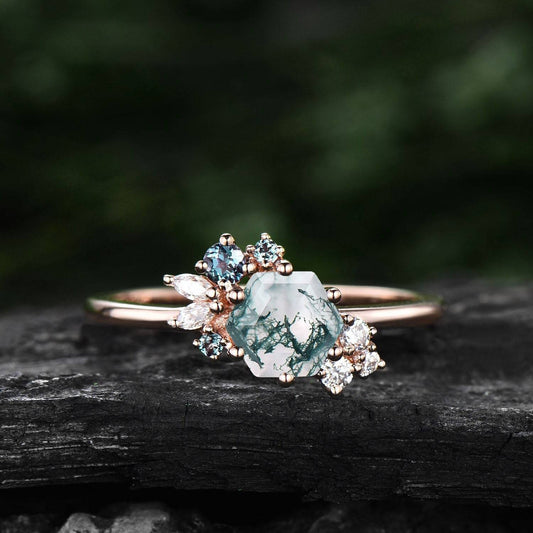 Hexagon cut moss agate ring gold silver vintage unique engagement ring cluster Alexandrite  ring art deco moissanite promise ring for women
