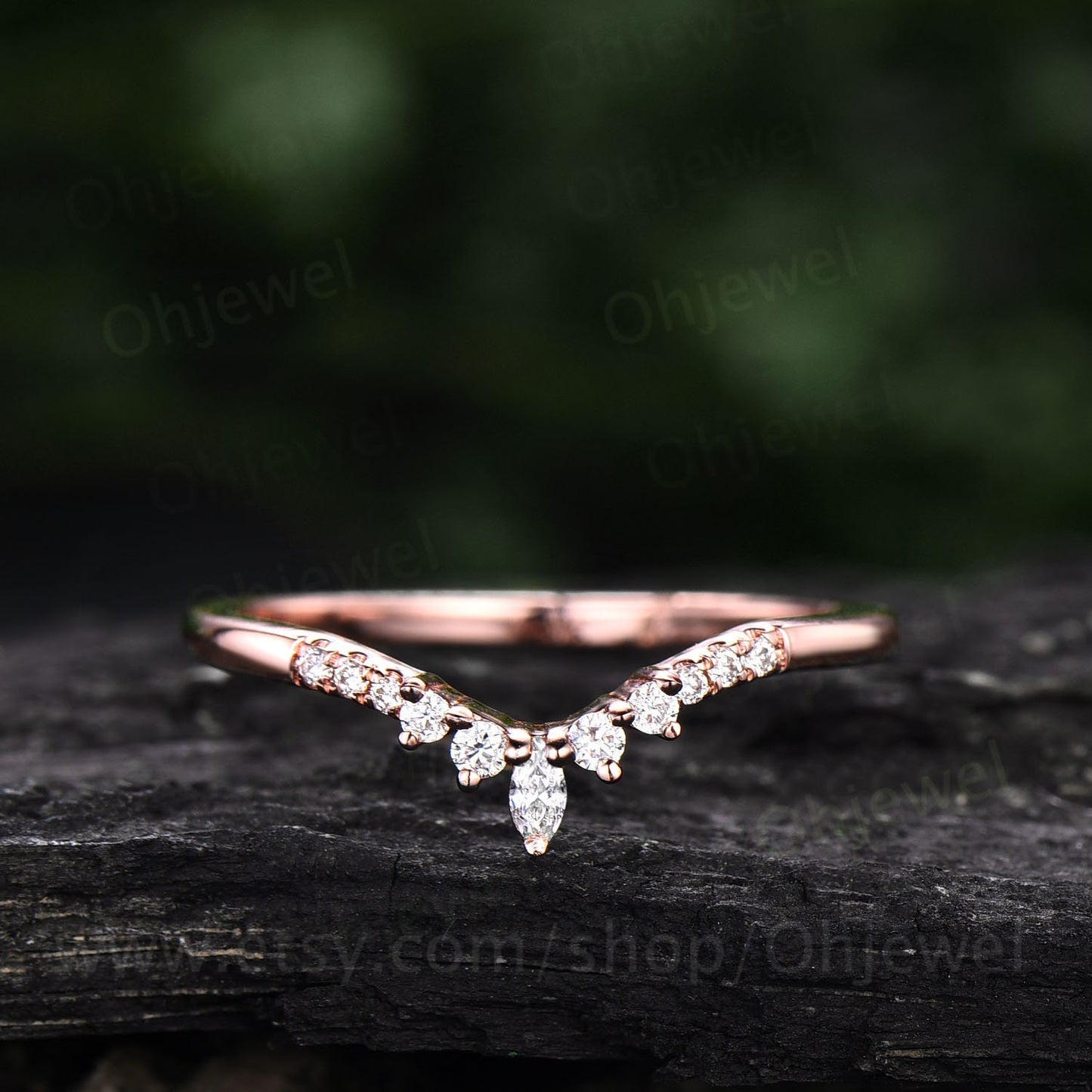 Art deco diamond wedding band 14k rose gold marquise cut moissanite wedding ring band dainty ring unique bridal anniversary ring for women
