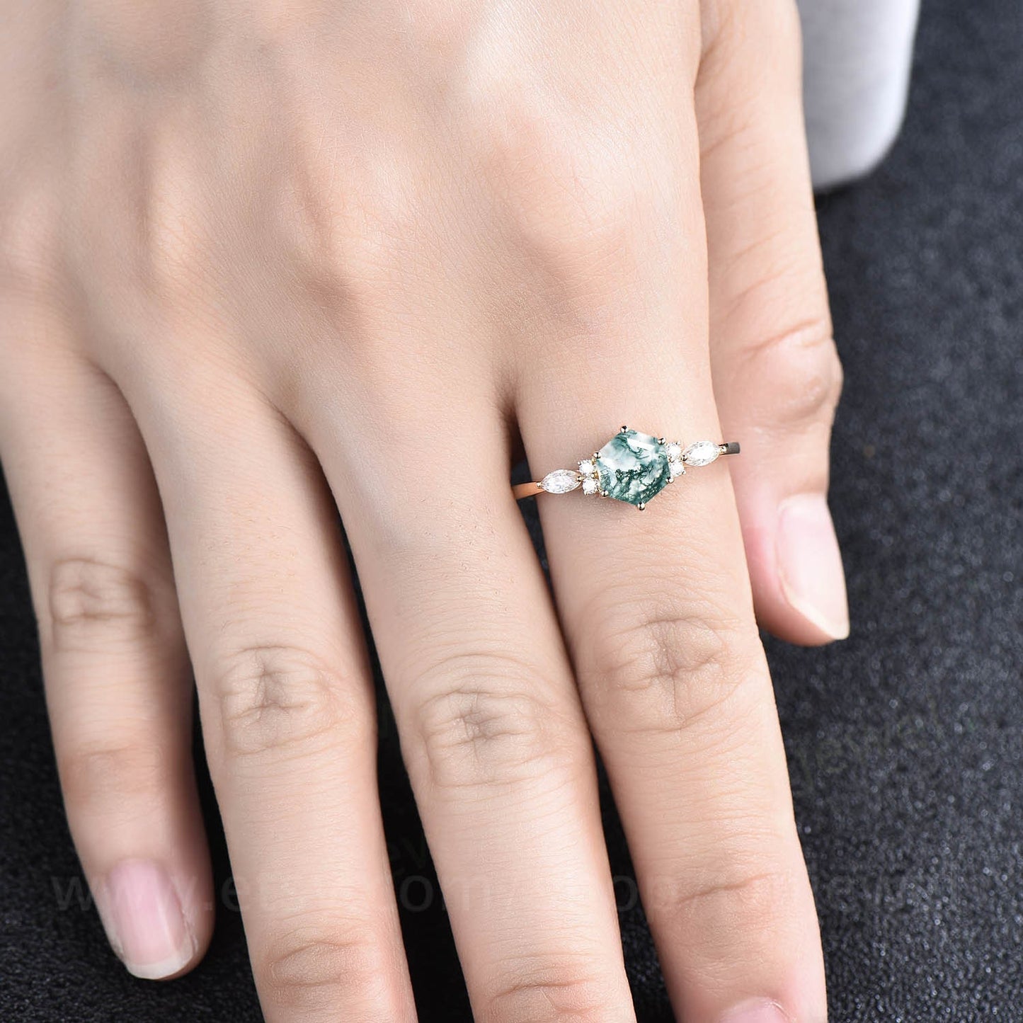 7mm Hexagon cut green moss agate engagement ring white gold 6 prong marquise unique engagement ring for women vintage diamond wedding ring