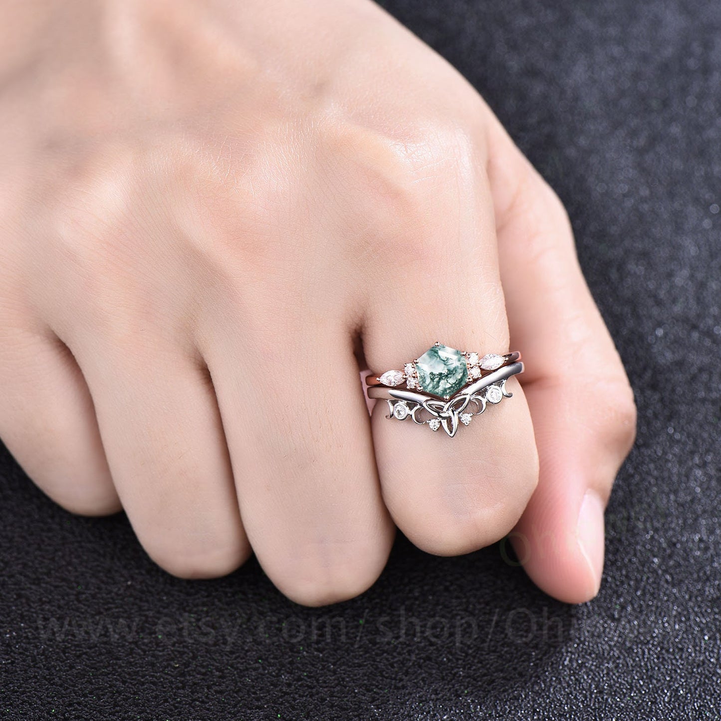 Hexagon green moss agate ring set gold silver vintage unique engagement ring set six prong art deco moissanite bridal wedding ring set women