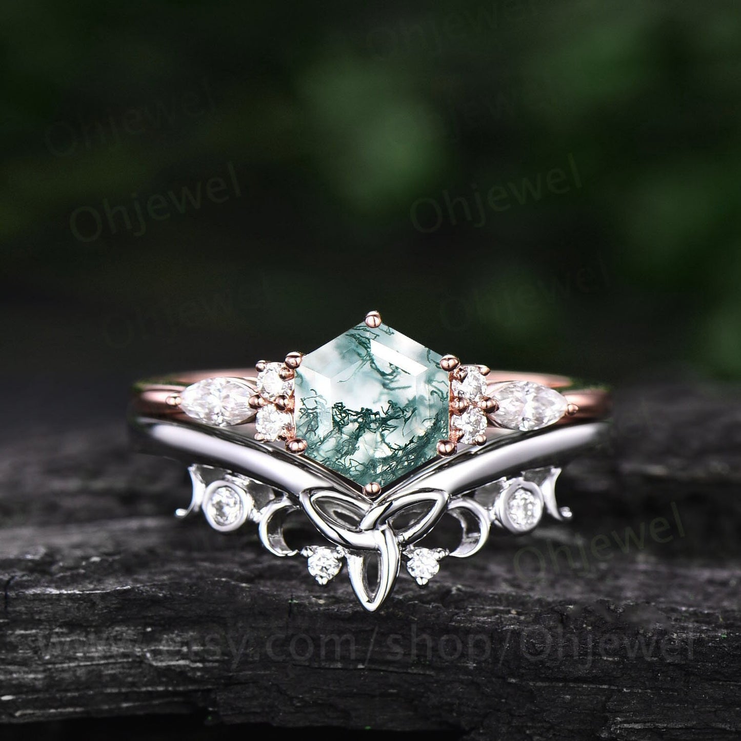 Hexagon green moss agate ring set gold silver vintage unique engagement ring set six prong art deco moissanite bridal wedding ring set women