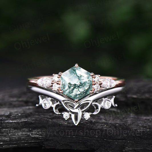 Hexagon green moss agate ring set gold silver vintage unique engagement ring set six prong art deco moissanite bridal wedding ring set women