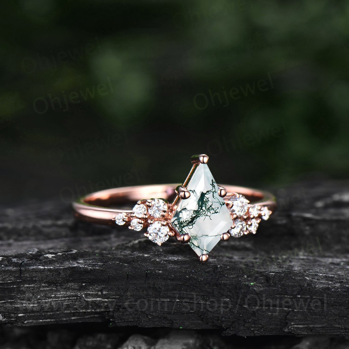 Green moss agate engagement ring set kite cut ring rose gold vintage unique snowdrift engagement ring diamond bridal wedding ring for women