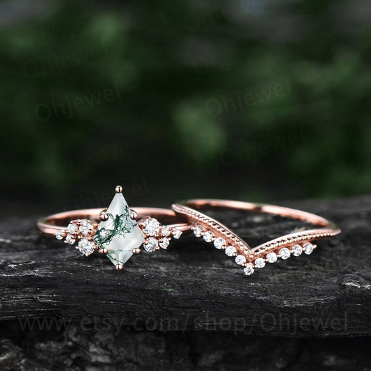 Green moss agate engagement ring set kite cut ring rose gold vintage unique snowdrift engagement ring diamond bridal wedding ring for women