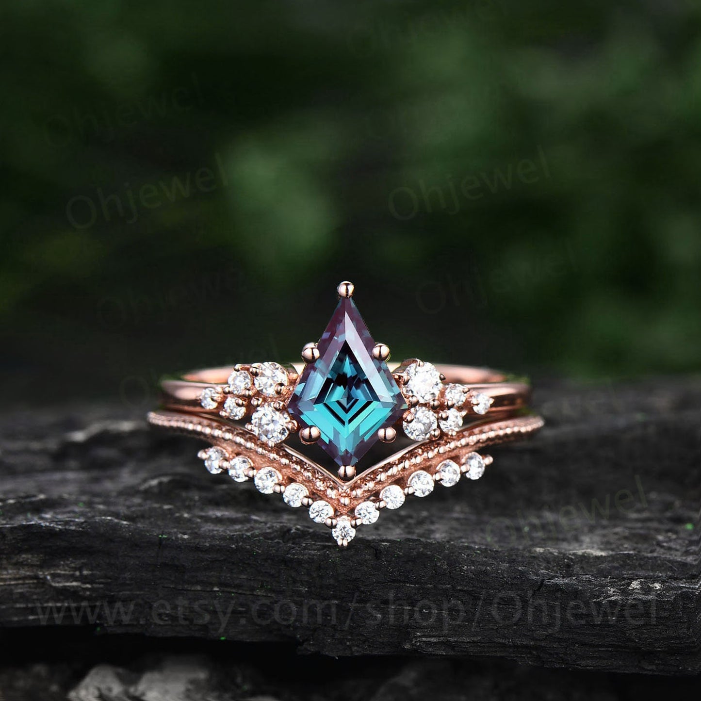 Alexandrite engagement ring set kite cut ring 14k rose gold vintage unique snowdrift engagement ring diamond bridal wedding ring for women