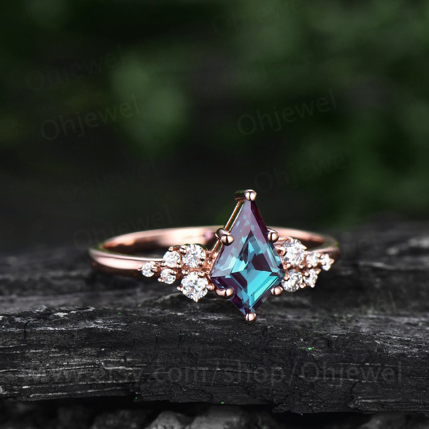 Alexandrite engagement ring set kite cut ring 14k rose gold vintage unique snowdrift engagement ring diamond bridal wedding ring for women