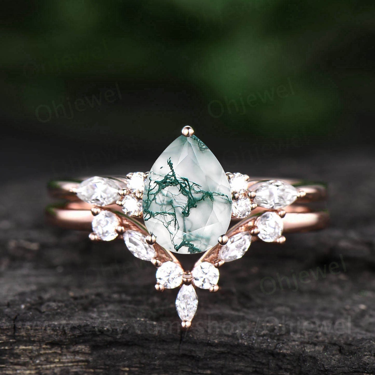 Vintage pear shaped green moss agate ring white gold engagement ring set for women marquise cut diamond ring set curved wedding ring band