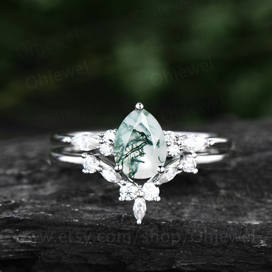 Vintage pear shaped green moss agate ring white gold engagement ring set for women marquise cut diamond ring set curved wedding ring band