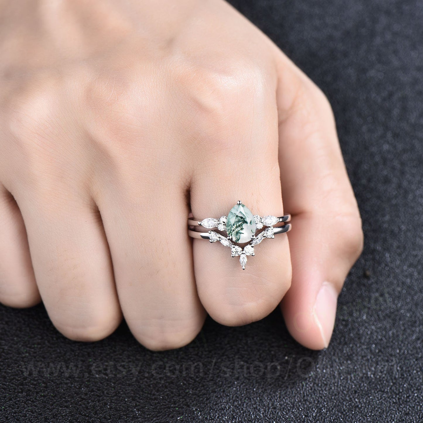 Vintage pear shaped green moss agate ring white gold engagement ring set for women marquise cut diamond ring set curved wedding ring band