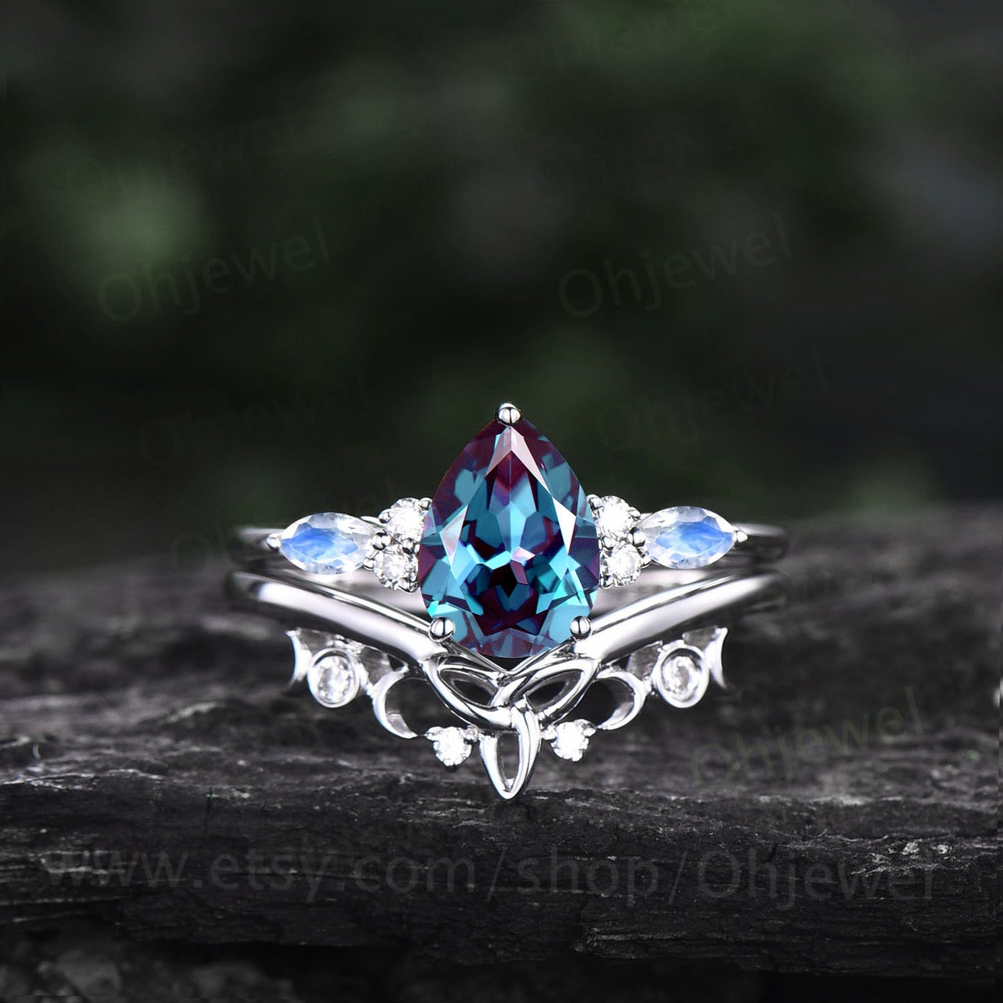 Unique pear shaped Alexandrite engagement ring set art deco vintage moonstone ring rose gold silver dainty moissanite wedding ring set women