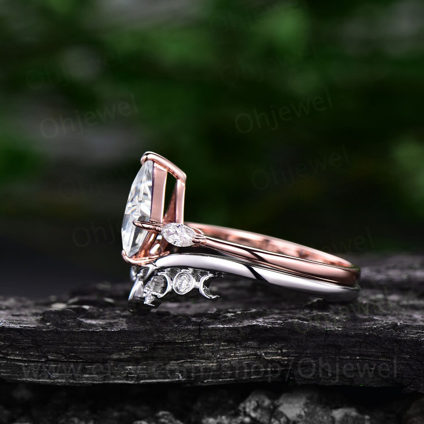 Kite cut moissanite engagement ring set 14k rose gold vintage unique three stone engagement ring marquise cut diamond wedding ring for women