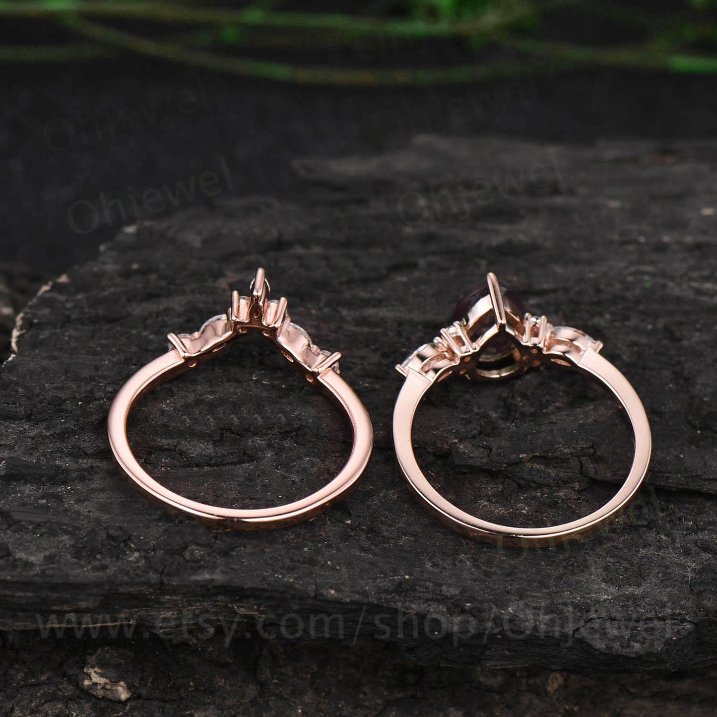Pear shaped rose quartz engagement ring set 14k rose gold silver art deco unique vintage engagement ring moissanite promise ring set women