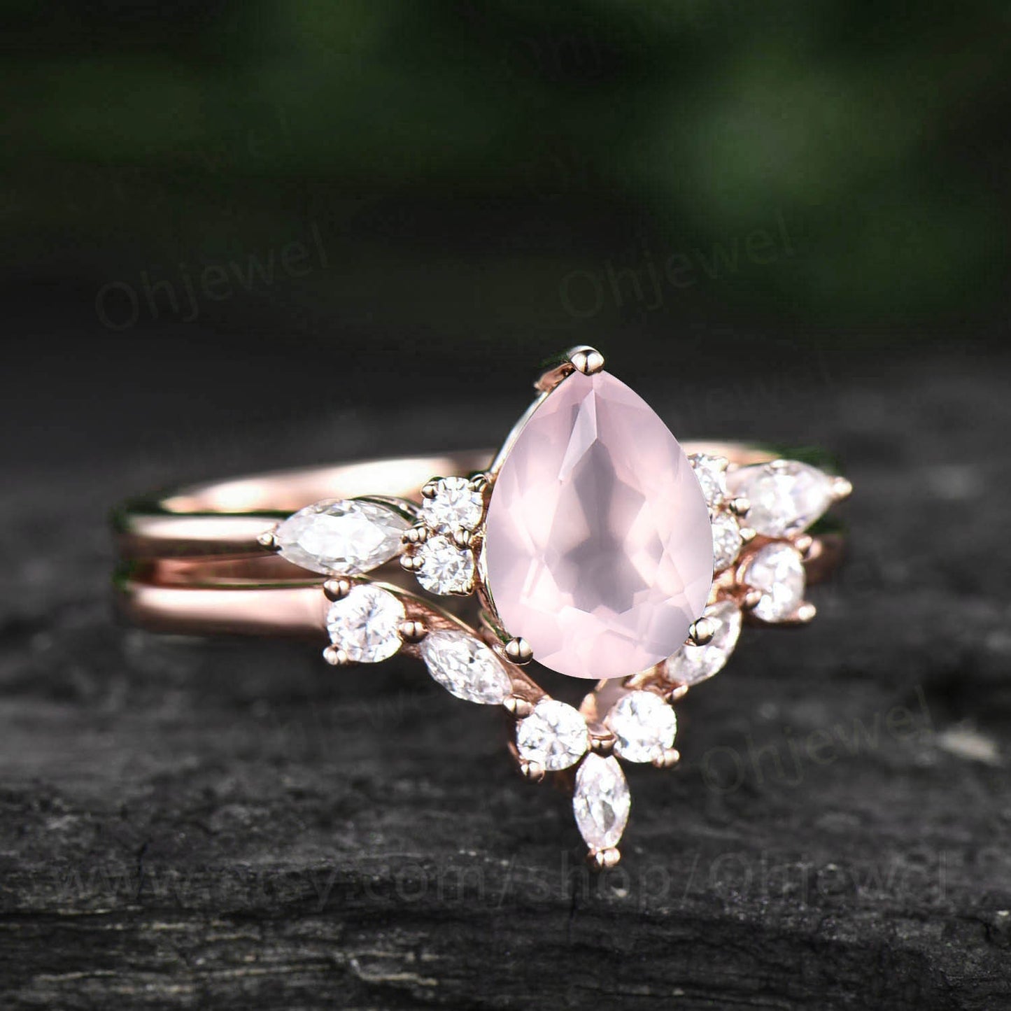 Pear shaped rose quartz engagement ring set 14k rose gold silver art deco unique vintage engagement ring moissanite promise ring set women
