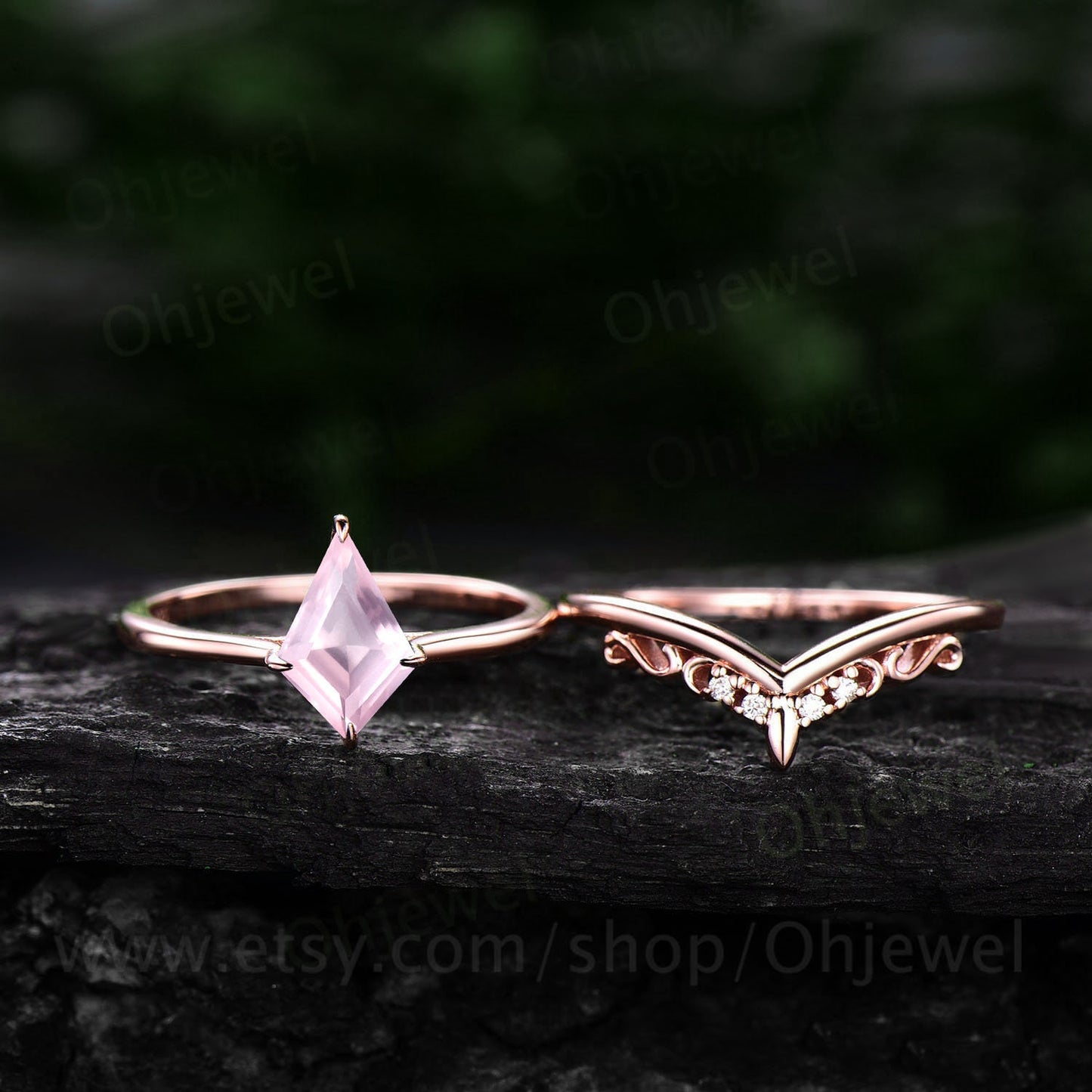 Kite cut rose quartz ring for women vintage unique solitaire rose quartz engagement ring set 14k rose gold silver moissanite bridal ring set