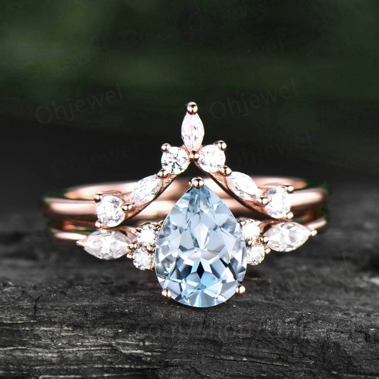 Pear shaped aquamarine ring gold silver for women vintage unique aquamarine engagement ring set art deco moissanite ring 14k rose gold ring