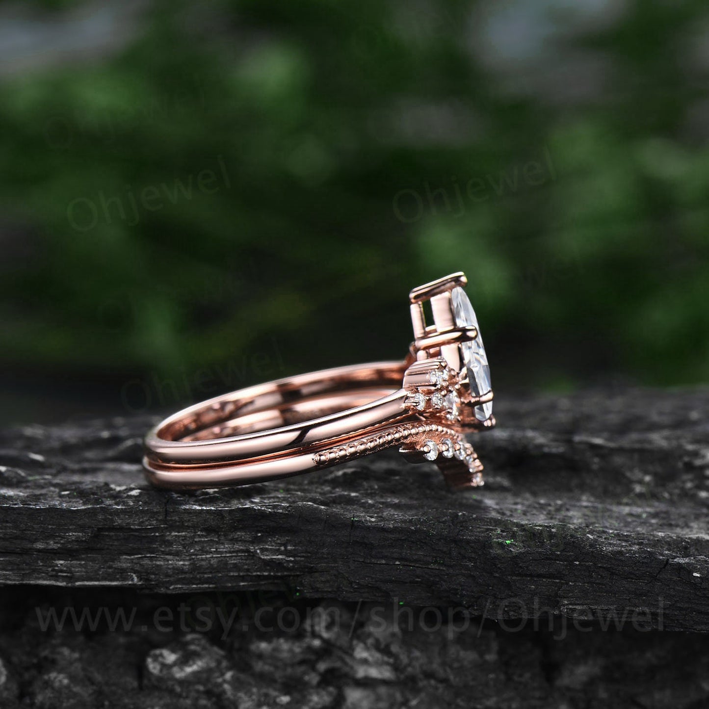 Moissanite engagement ring set kite cut ring rose gold vintage unique snowdrift engagement ring six prong diamond bridal ring set for women