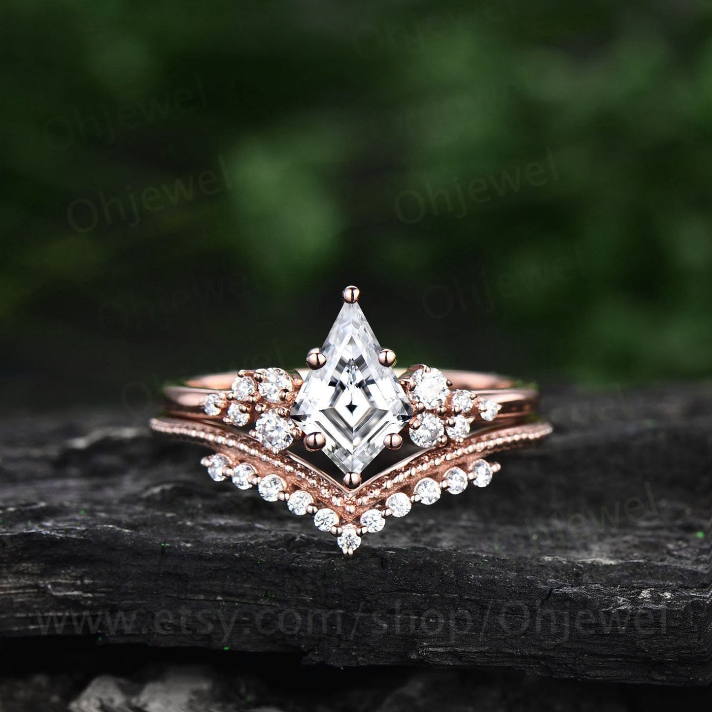 Moissanite engagement ring set kite cut ring rose gold vintage unique snowdrift engagement ring six prong diamond bridal ring set for women