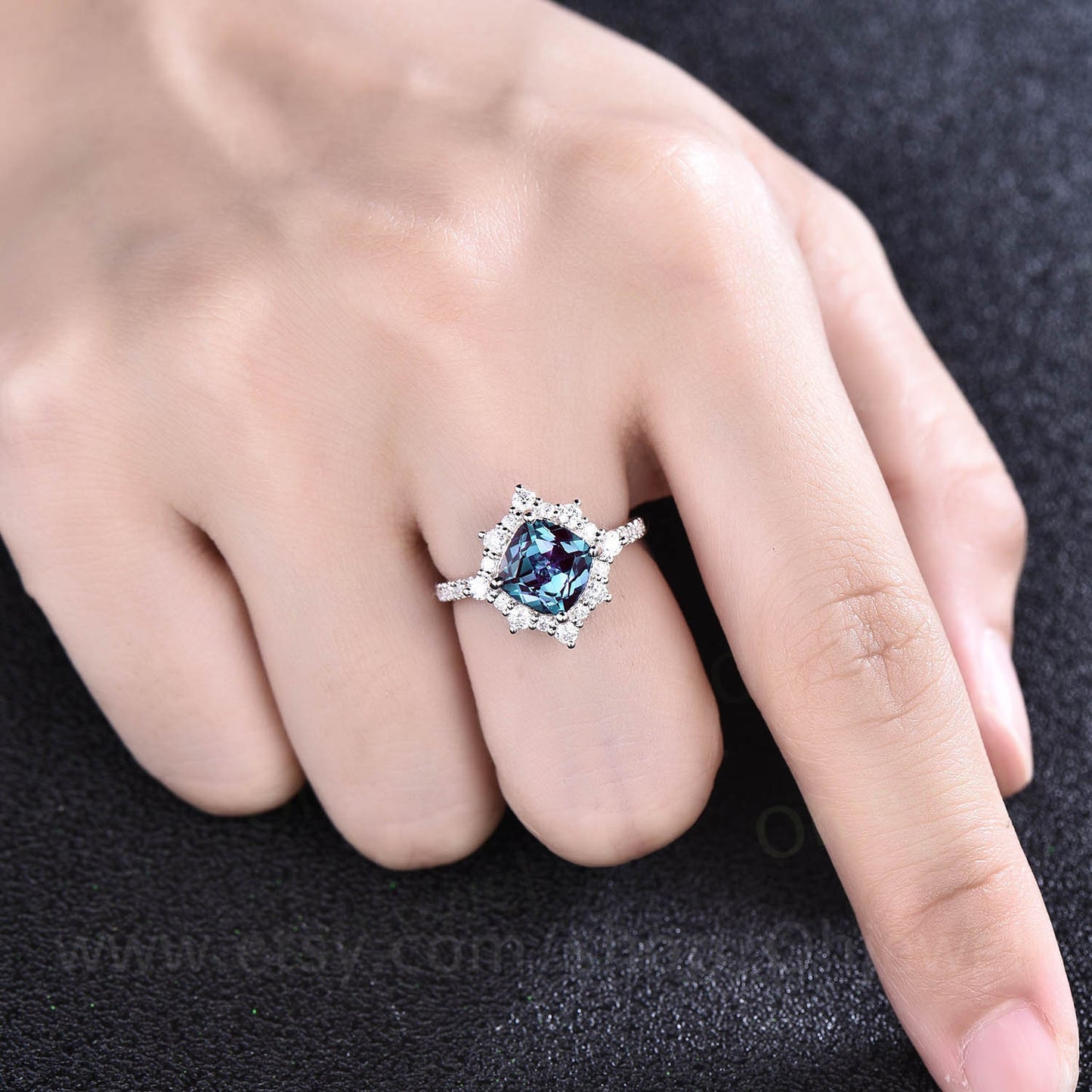Alexandrite ring Cushion cut alexandrite engagement ring set halo unique rose gold engagement ring women promise bridal wedding ring women