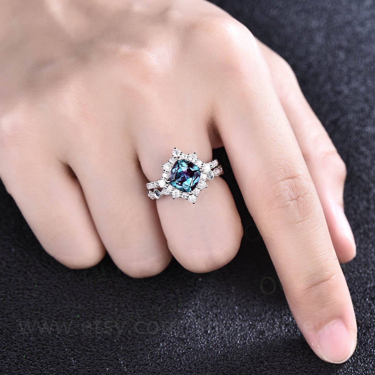 Alexandrite ring Cushion cut alexandrite engagement ring set halo unique rose gold engagement ring women promise bridal wedding ring women