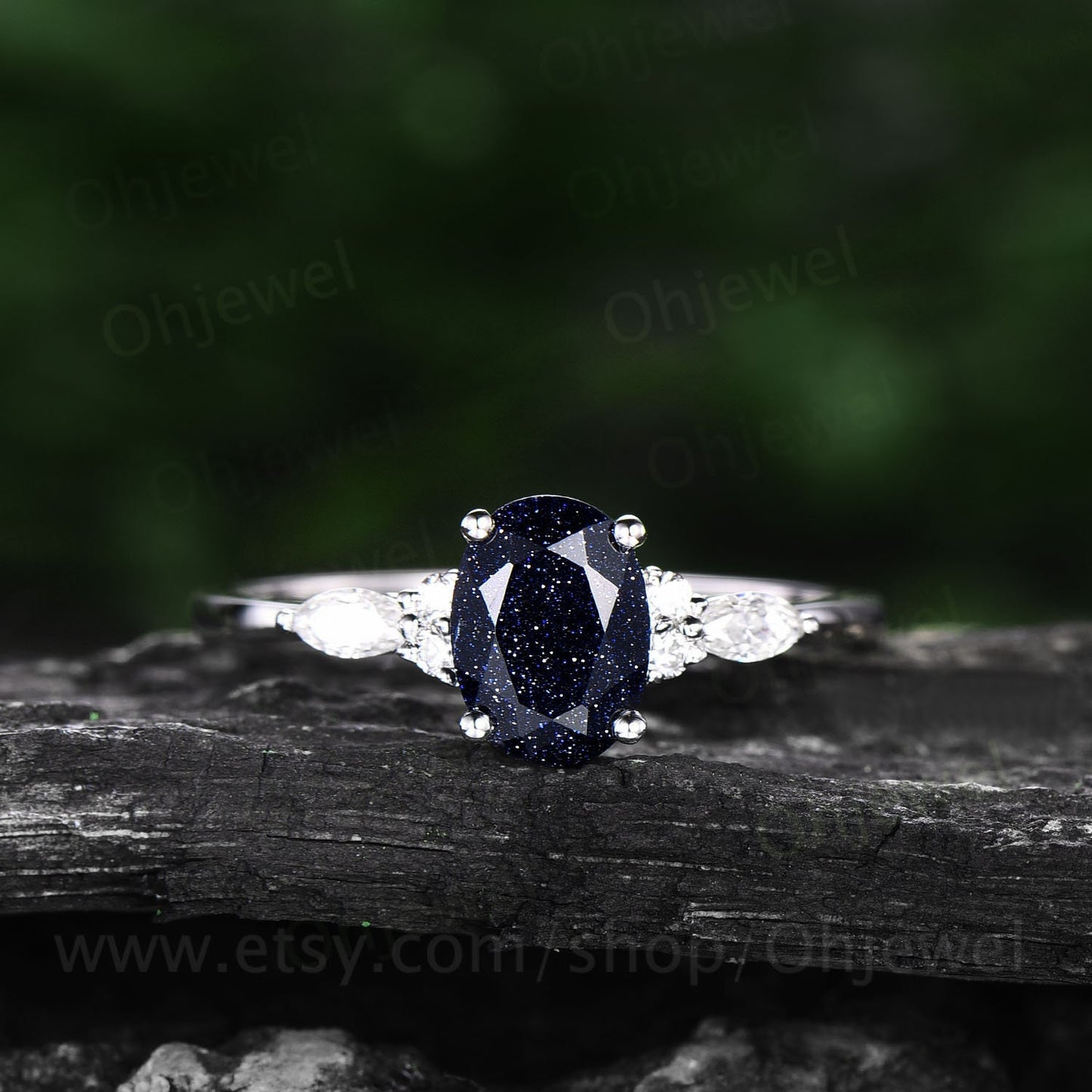 Oval blue sandstone engagement ring set 14k white gold Galaxy vintage unique engagement ring moissanite ring for women Norse Viking Jewelry