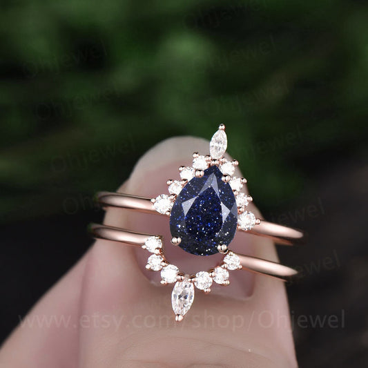 Pear shaped blue sandstone ring gold silver vintage unique engagement ring set art deco halo moissanite ring set wedding ring set for women
