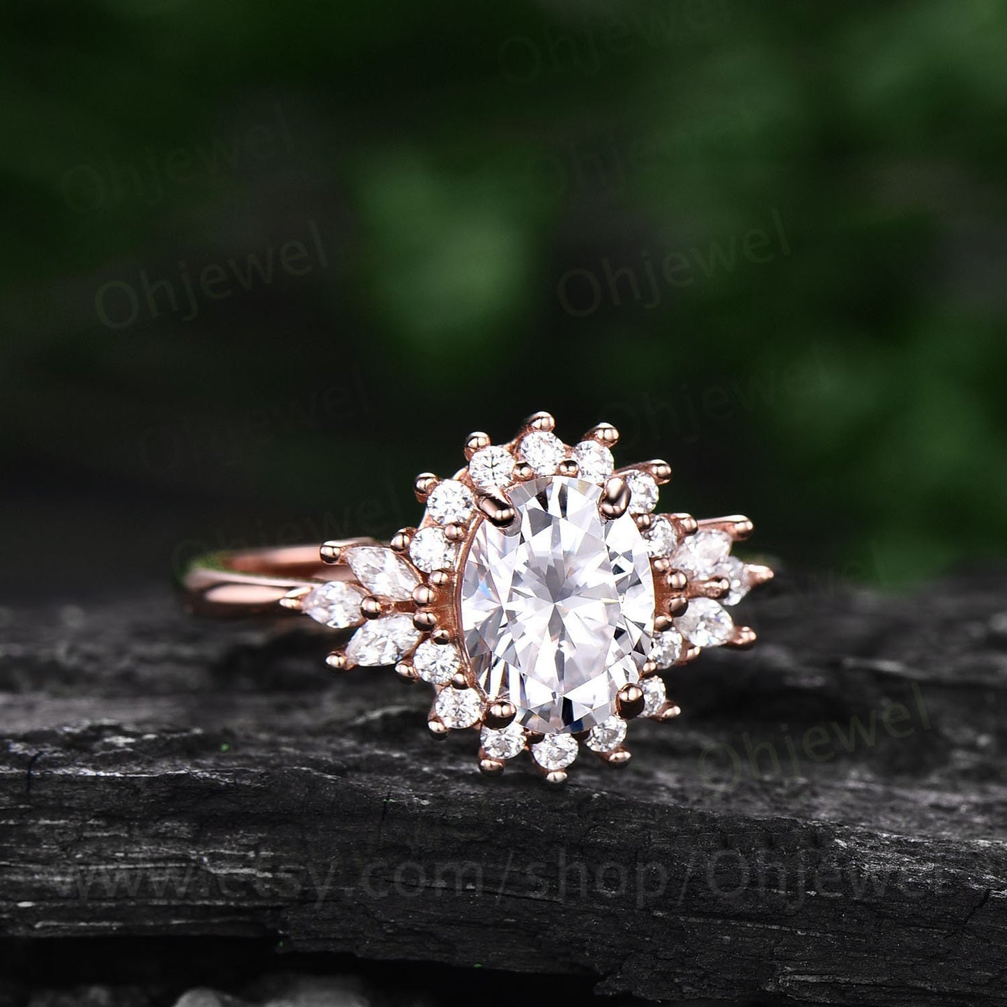 Oval cut moissanite engagement ring 14k rose gold art deco halo cluster vintage unique engagement ring antique bridal wedding ring for women