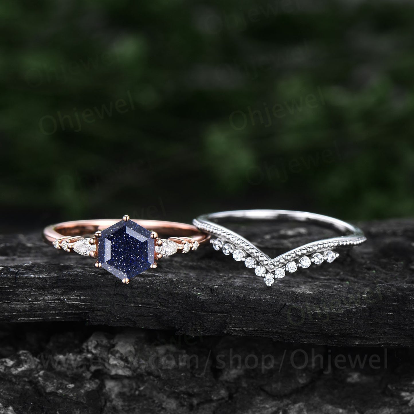 Hexagon cut blue sandstone ring vintage unique blue sandstone engagement ring set 14k rose gold dainty moissanite wedding ring set for women