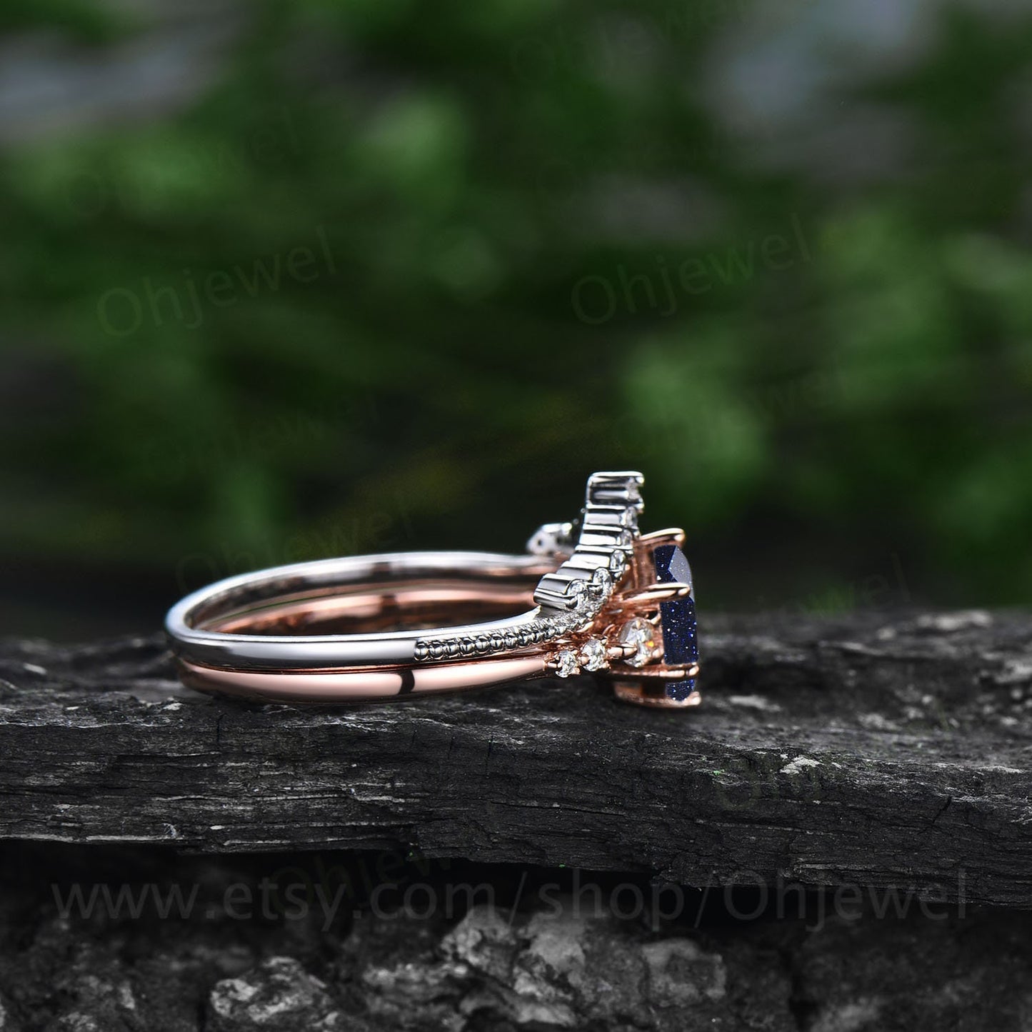 Hexagon cut blue sandstone ring vintage unique blue sandstone engagement ring set 14k rose gold dainty moissanite wedding ring set for women