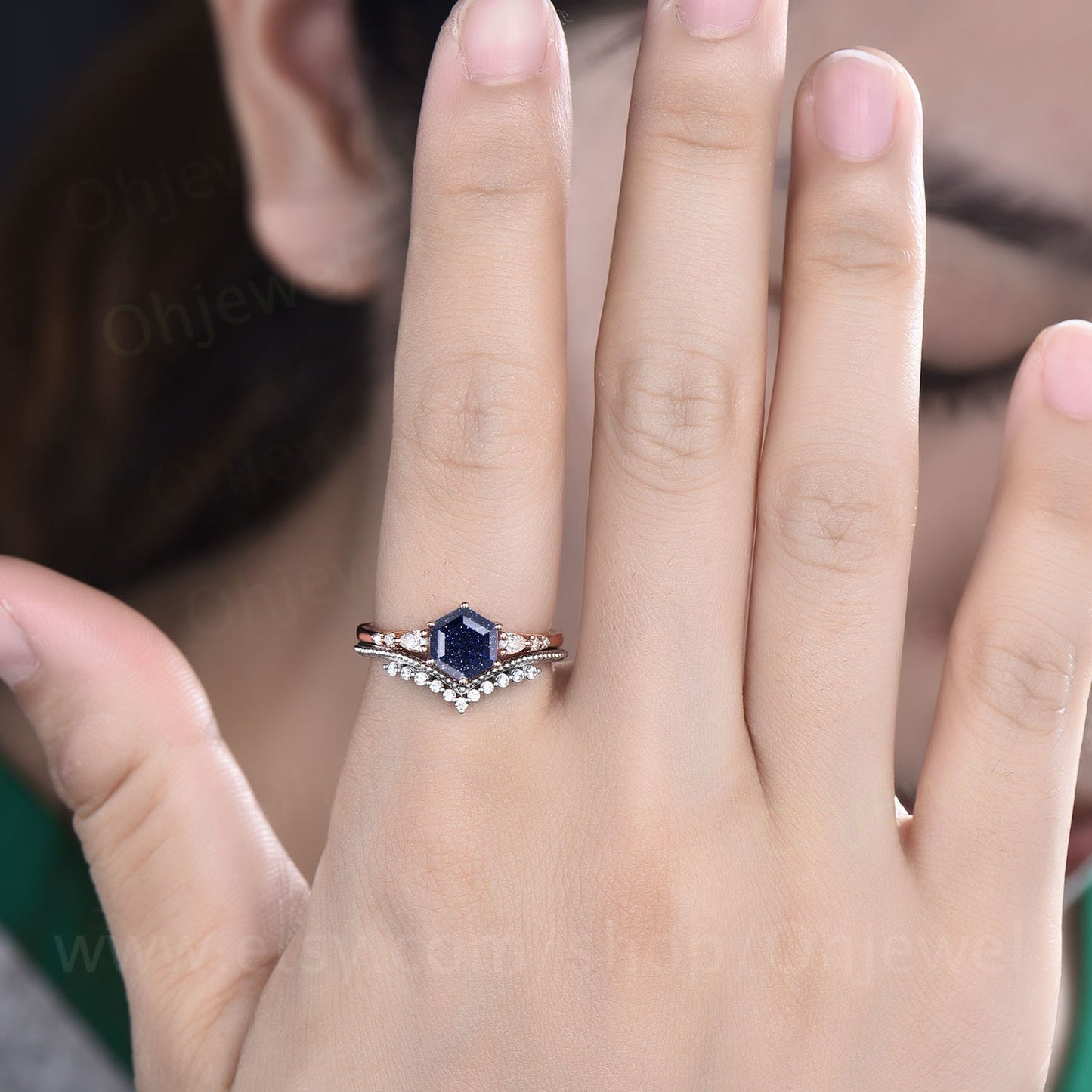 Hexagon cut blue sandstone ring vintage unique blue sandstone engagement ring set 14k rose gold dainty moissanite wedding ring set for women