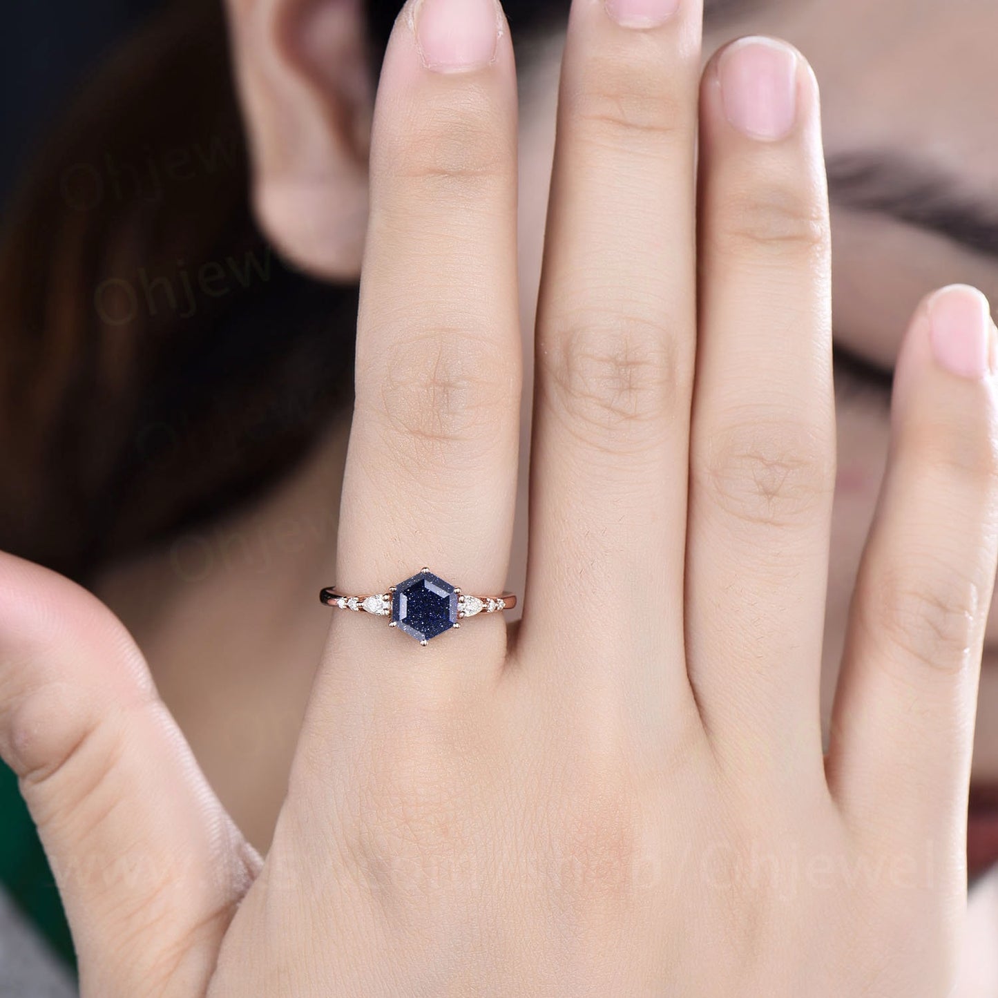 Hexagon cut blue sandstone ring vintage unique blue sandstone engagement ring set 14k rose gold dainty moissanite wedding ring set for women