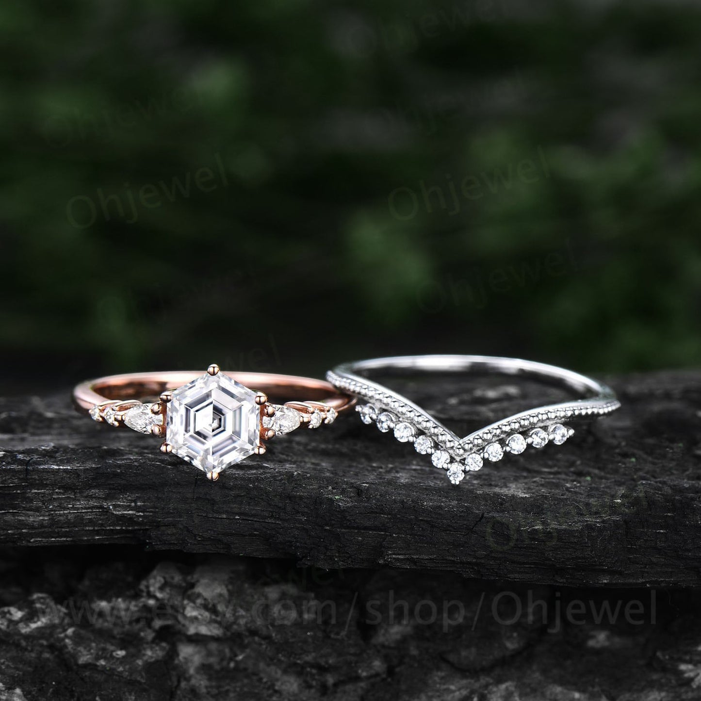 Hexagon cut moissanite ring rose gold sterling silver vintage unique moissanite engagement ring set six prong dainty bridal ring set women