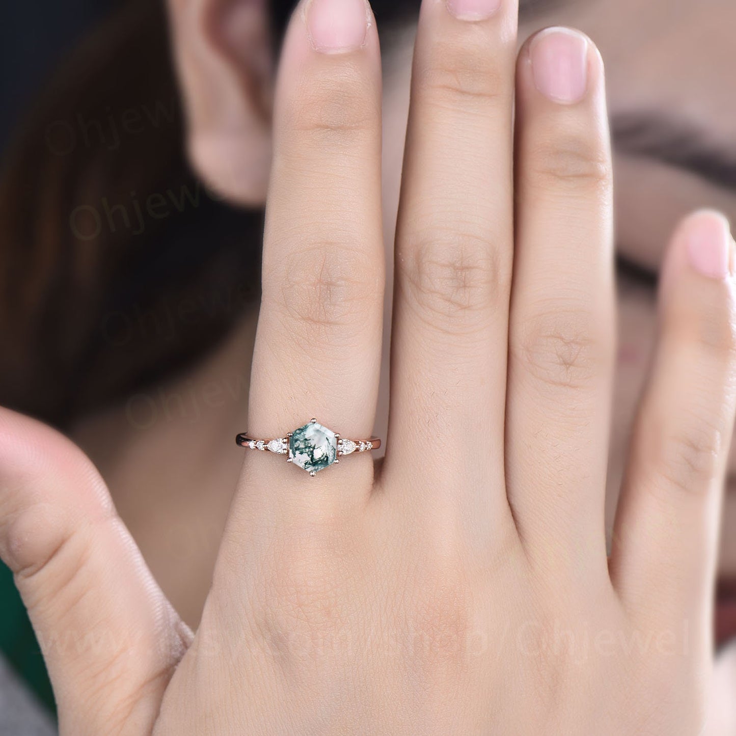 Hexagon cut green moss agate ring vintage unique moss agate engagement ring set 14k rose gold dainty moissanite wedding ring set for women