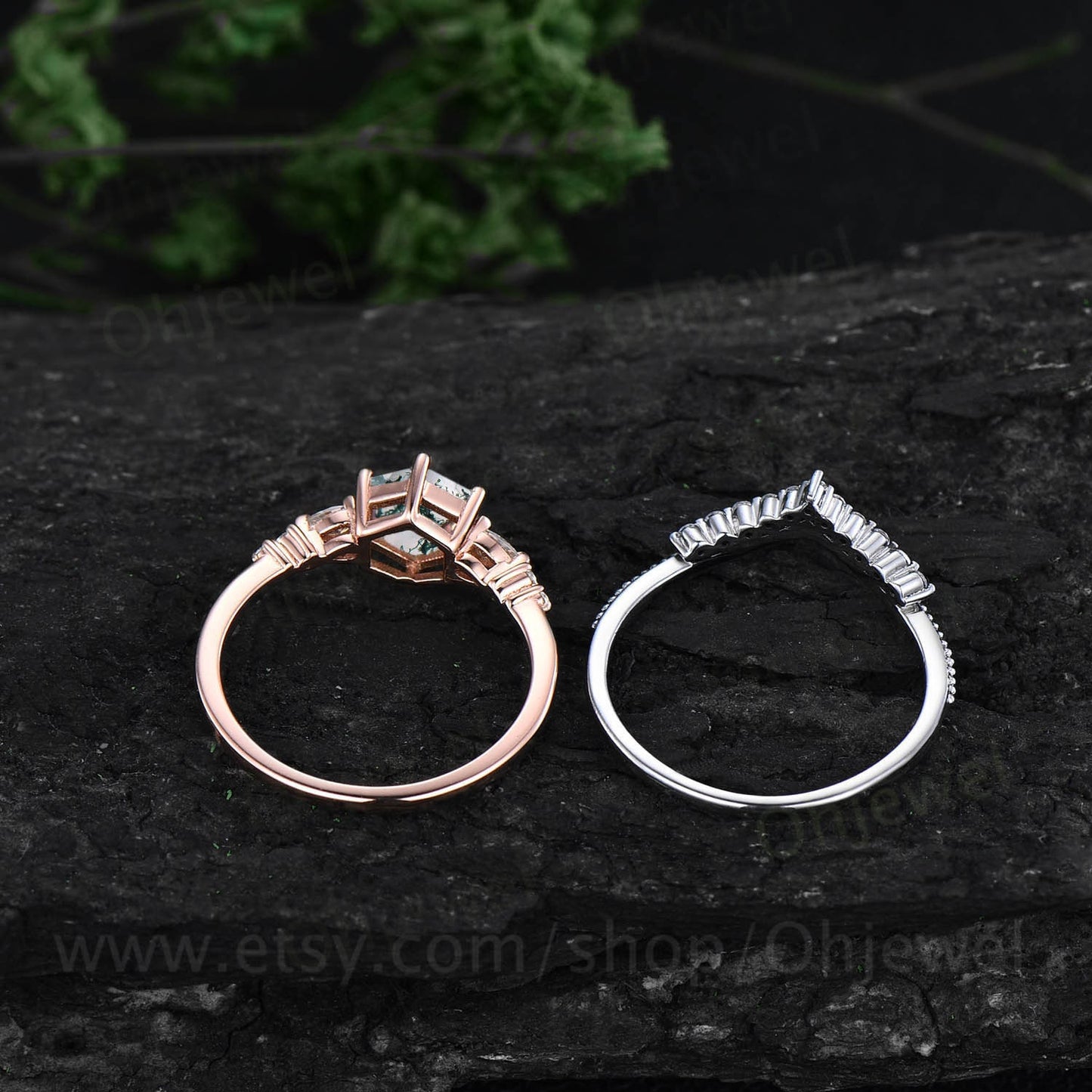 Hexagon cut green moss agate ring vintage unique moss agate engagement ring set 14k rose gold dainty moissanite wedding ring set for women