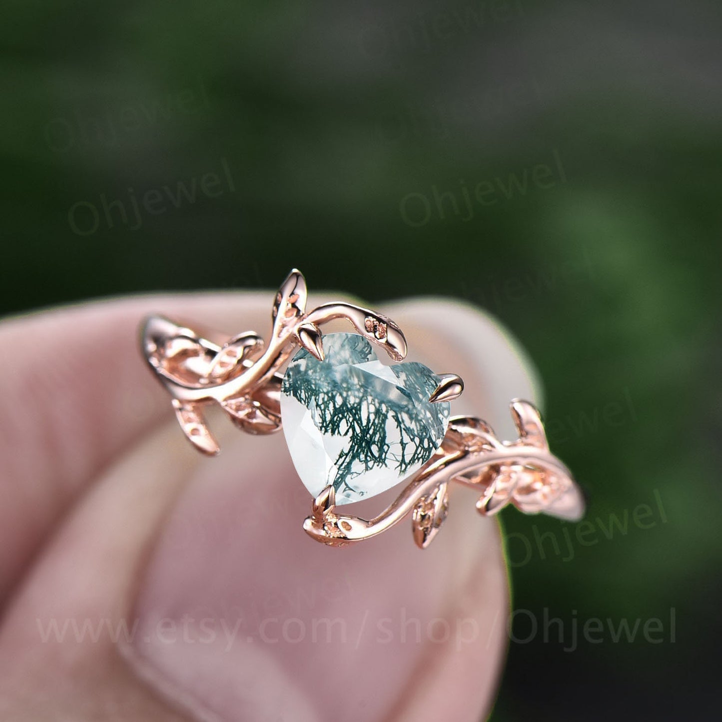 Heart shaped moss agate engagement ring leaf flower rose gold silver unique vintage solitaire engagement ring promise wedding ring for women