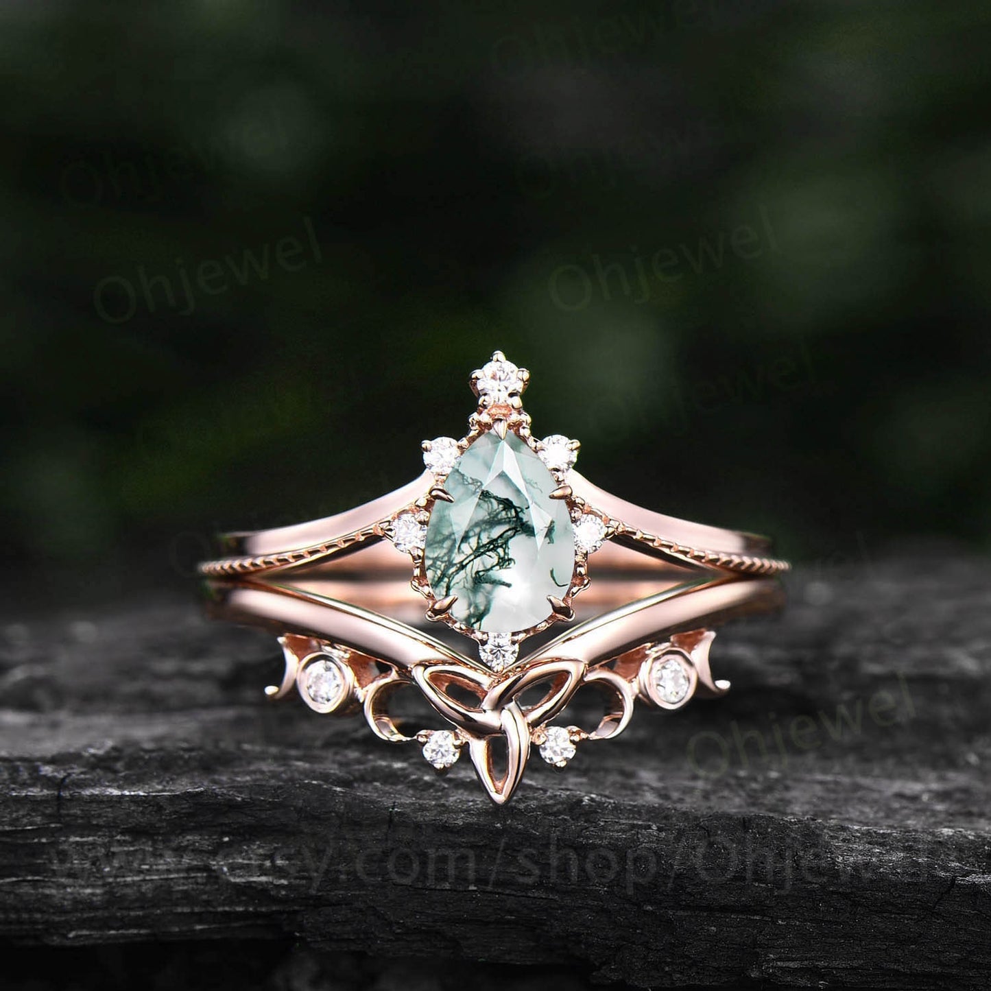 Pear shaped moss agate engagement ring set 14k white gold organic gemstone ring milgrain moissanite ring for women norse viking ring Jewelry