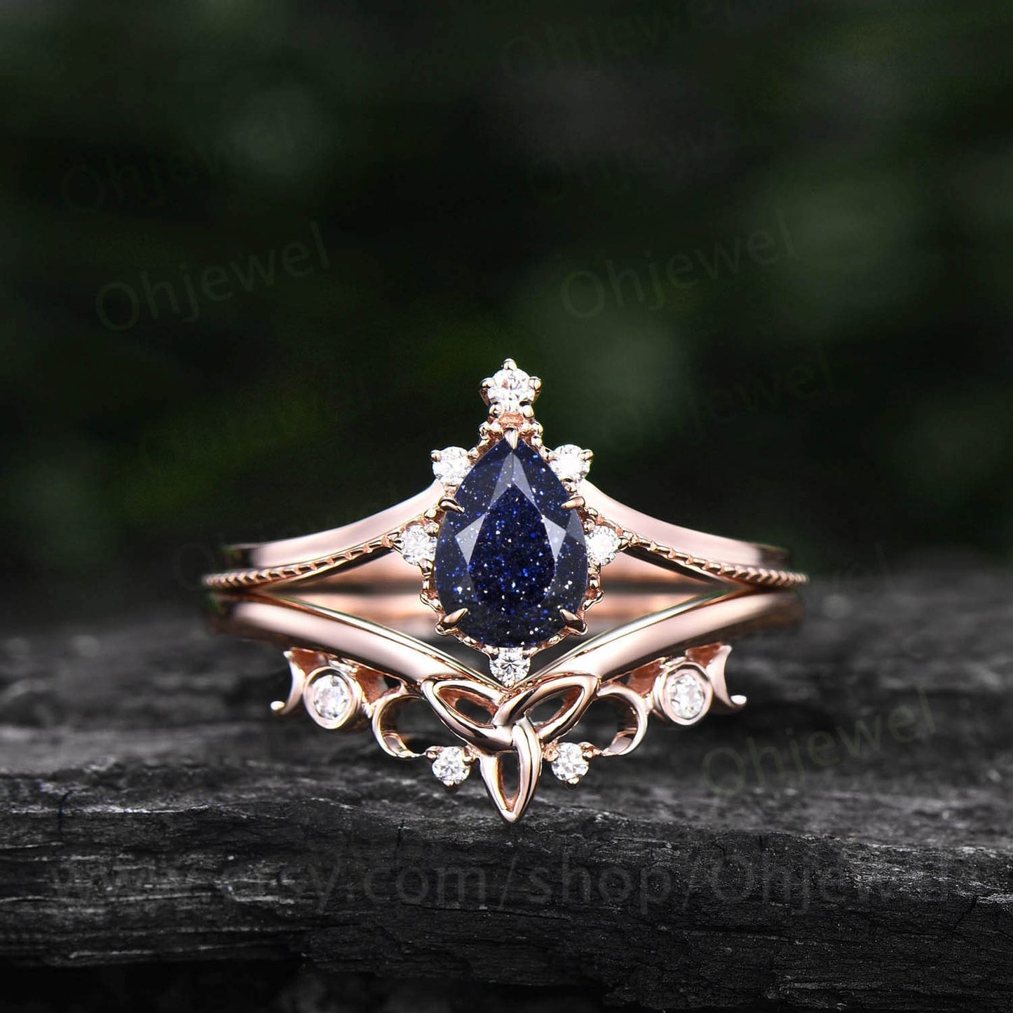 Pear shaped blue sandstone engagement ring set 14k white gold vintage unique engagement ring dainty moissanite wedding ring set for women