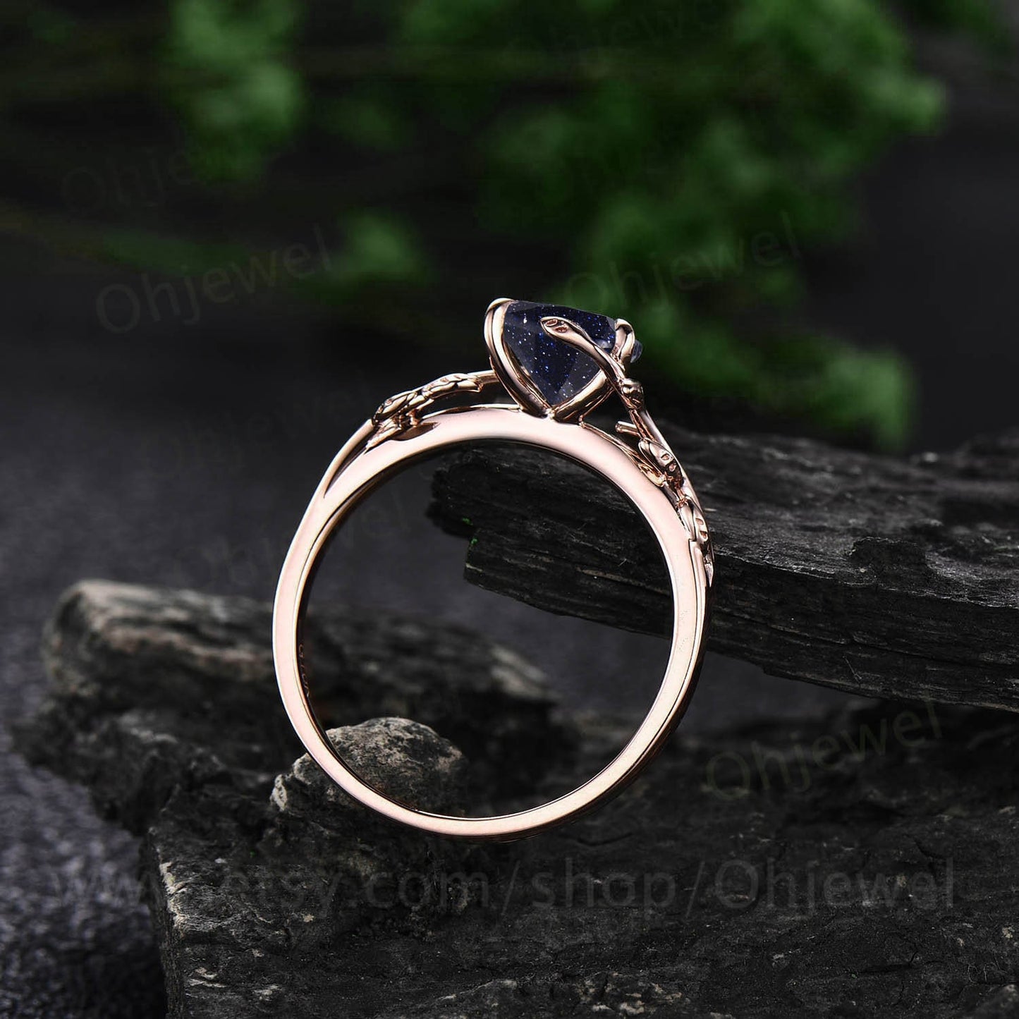 Heart shaped blue sandstone engagement ring leaf flower 14k rose gold silver unique vintage solitaire engagement ring wedding ring for women