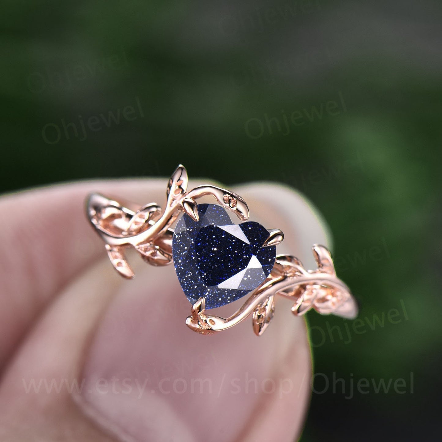 Heart shaped blue sandstone engagement ring leaf flower 14k rose gold silver unique vintage solitaire engagement ring wedding ring for women