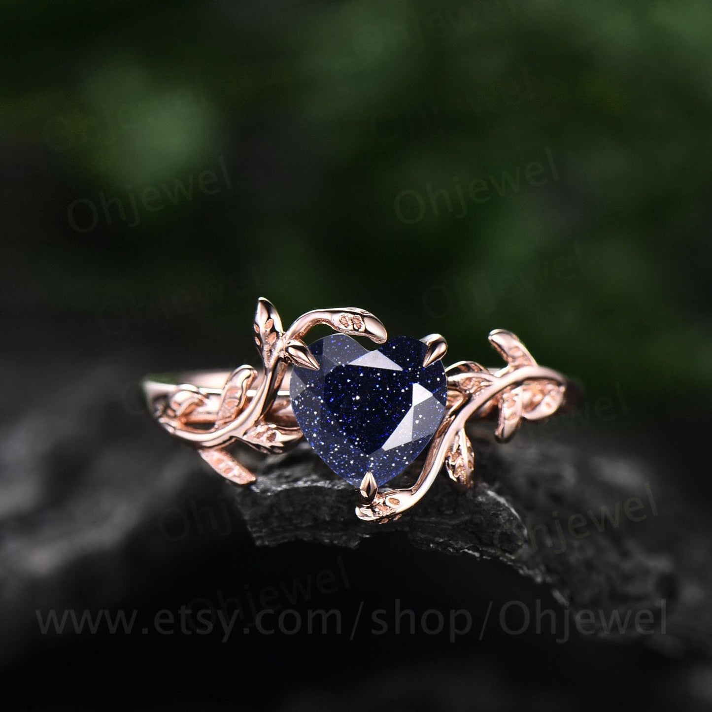Heart shaped blue sandstone engagement ring leaf flower 14k rose gold silver unique vintage solitaire engagement ring wedding ring for women