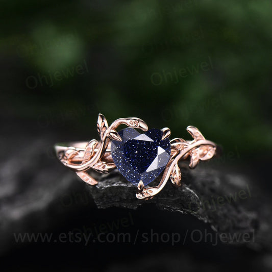 Heart shaped blue sandstone engagement ring leaf flower 14k rose gold silver unique vintage solitaire engagement ring wedding ring for women